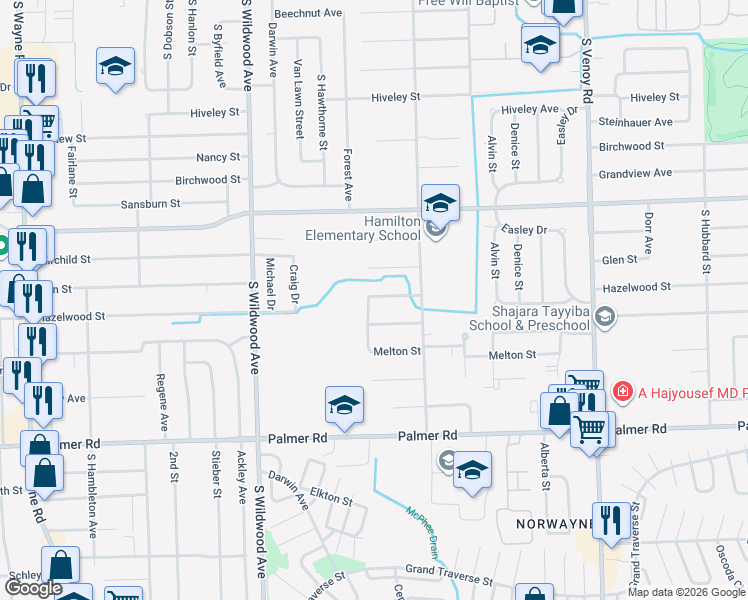 map of restaurants, bars, coffee shops, grocery stores, and more near 33703 Hazelwood Street in Westland