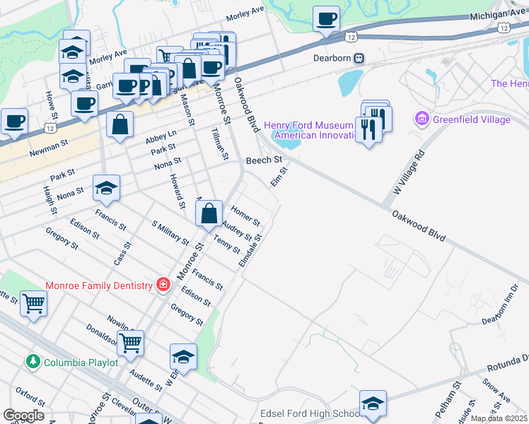map of restaurants, bars, coffee shops, grocery stores, and more near 21523 Edna Street in Dearborn