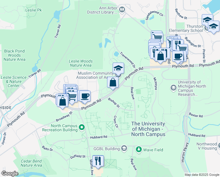 map of restaurants, bars, coffee shops, grocery stores, and more near 1901 Plymouth Road in Ann Arbor