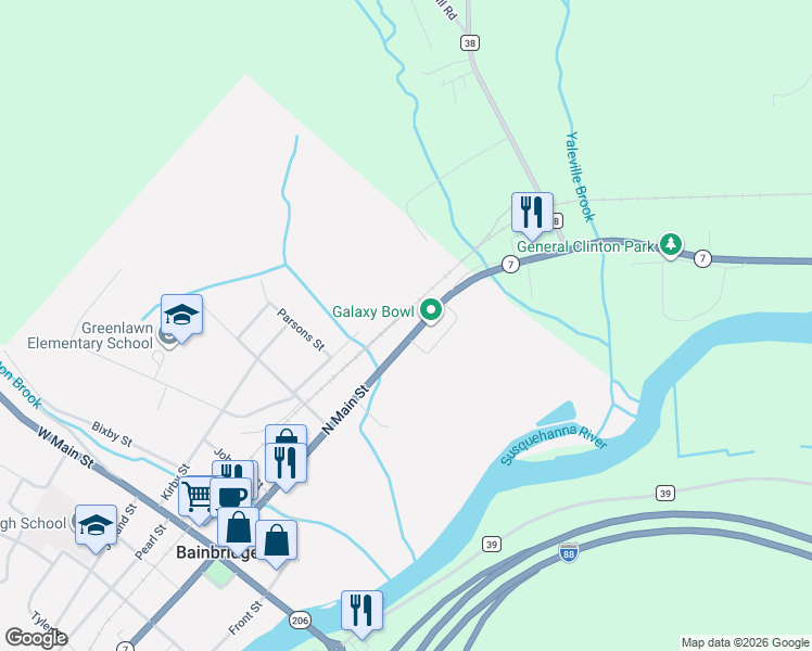 map of restaurants, bars, coffee shops, grocery stores, and more near 100 North Main Street in Bainbridge