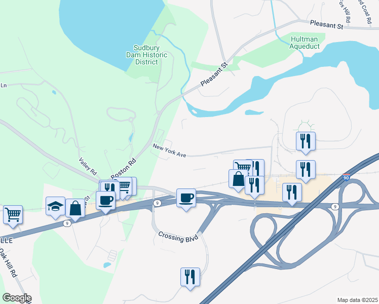 map of restaurants, bars, coffee shops, grocery stores, and more near 31 New York Avenue in Framingham
