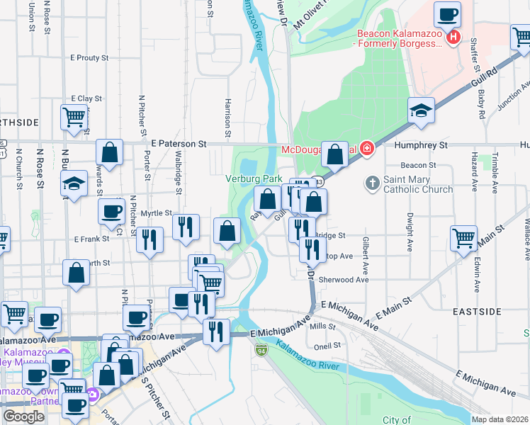 map of restaurants, bars, coffee shops, grocery stores, and more near 716 Ray Street in Kalamazoo