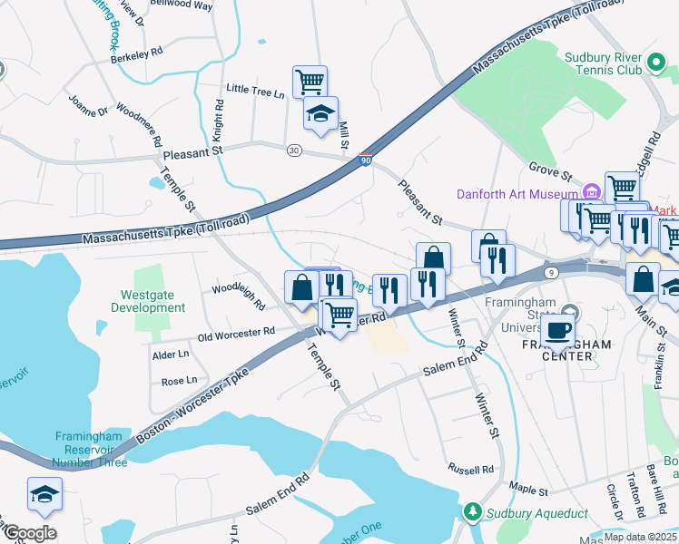 map of restaurants, bars, coffee shops, grocery stores, and more near 20 Ellis St in Framingham