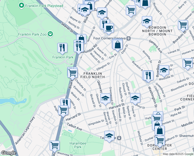 map of restaurants, bars, coffee shops, grocery stores, and more near 2 Harlem Street in Boston