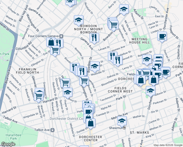 map of restaurants, bars, coffee shops, grocery stores, and more near 18 Westville Street in Boston