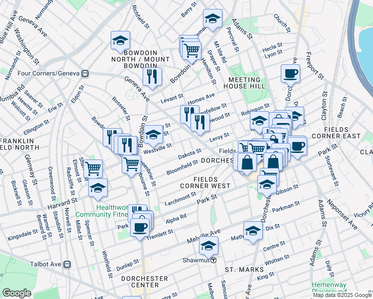 map of restaurants, bars, coffee shops, grocery stores, and more near 98 Dakota Street in Boston