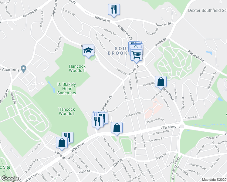 map of restaurants, bars, coffee shops, grocery stores, and more near in Brookline