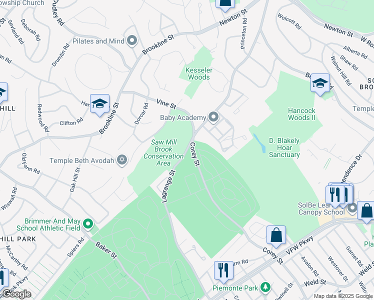 map of restaurants, bars, coffee shops, grocery stores, and more near 570 Corey Street in Boston