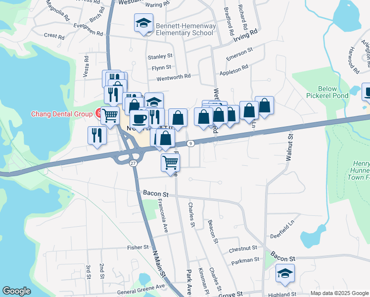 map of restaurants, bars, coffee shops, grocery stores, and more near 8 Lupine Road in Natick