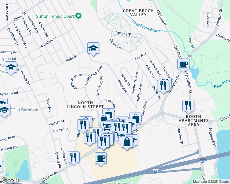 map of restaurants, bars, coffee shops, grocery stores, and more near 98 Country Club Boulevard in Worcester