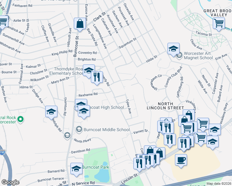 map of restaurants, bars, coffee shops, grocery stores, and more near 232 Beverly Road in Worcester