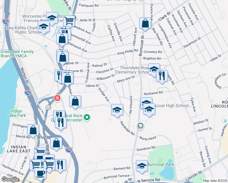 map of restaurants, bars, coffee shops, grocery stores, and more near 21 Mary Ann Drive in Worcester