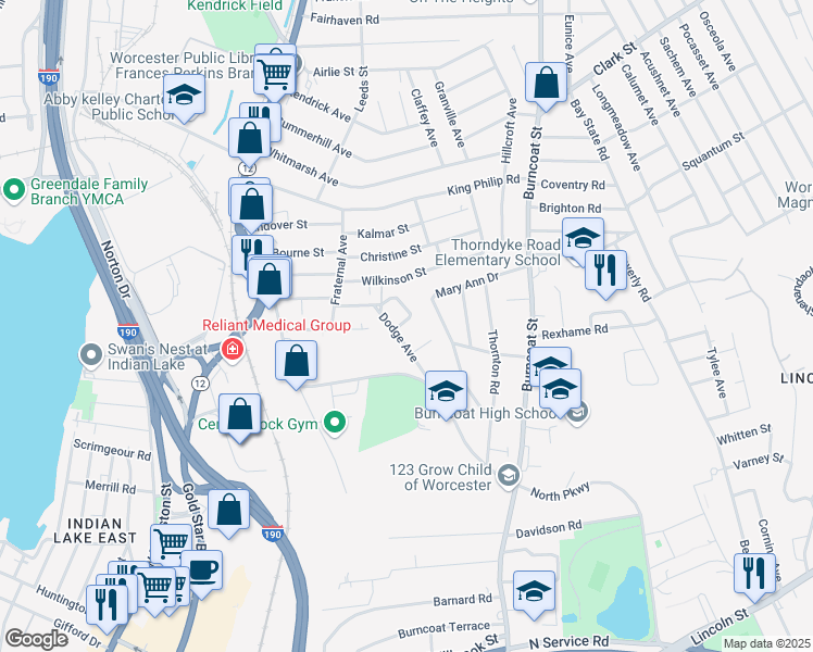 map of restaurants, bars, coffee shops, grocery stores, and more near 8 Dodge Avenue in Worcester