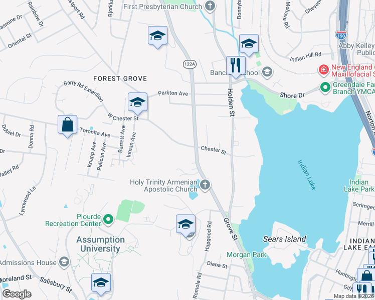 map of restaurants, bars, coffee shops, grocery stores, and more near 667 Grove Street in Worcester