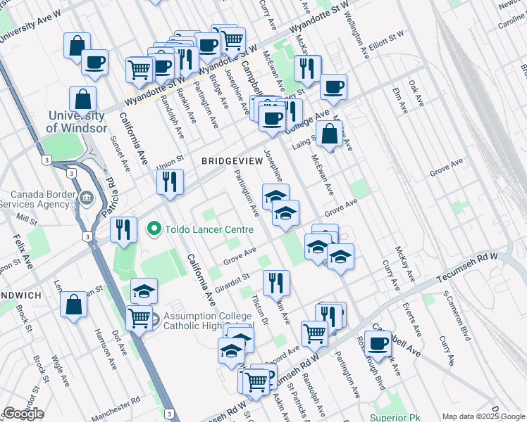 map of restaurants, bars, coffee shops, grocery stores, and more near 997 Partington Avenue in Windsor