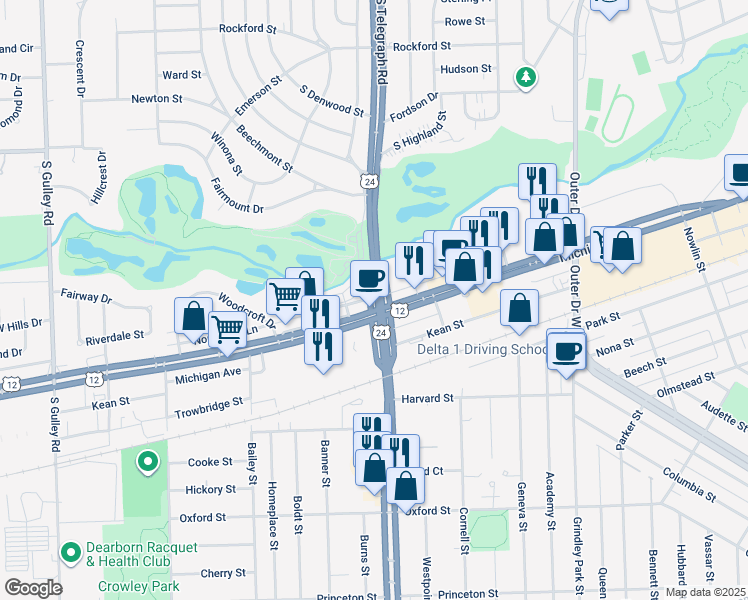 map of restaurants, bars, coffee shops, grocery stores, and more near 24100 Michigan Avenue in Dearborn
