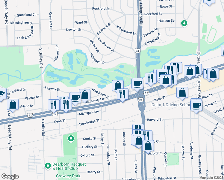 map of restaurants, bars, coffee shops, grocery stores, and more near 24320 Michigan Avenue in Dearborn