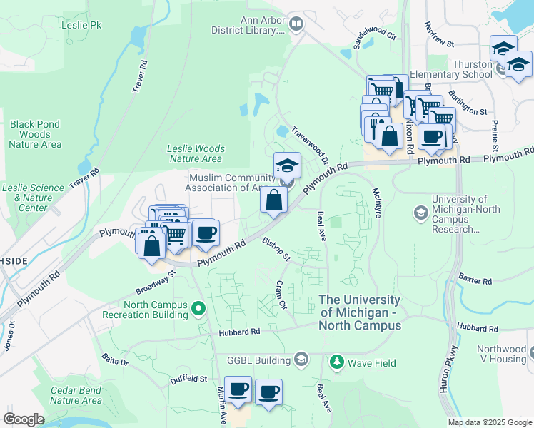 map of restaurants, bars, coffee shops, grocery stores, and more near 1901 Plymouth Road in Ann Arbor