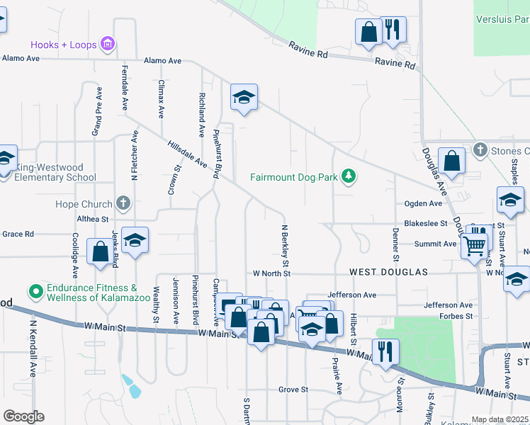 map of restaurants, bars, coffee shops, grocery stores, and more near 907 North Clarendon Street in Kalamazoo