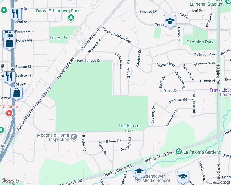 map of restaurants, bars, coffee shops, grocery stores, and more near 2912 La Salle Avenue in Rockford