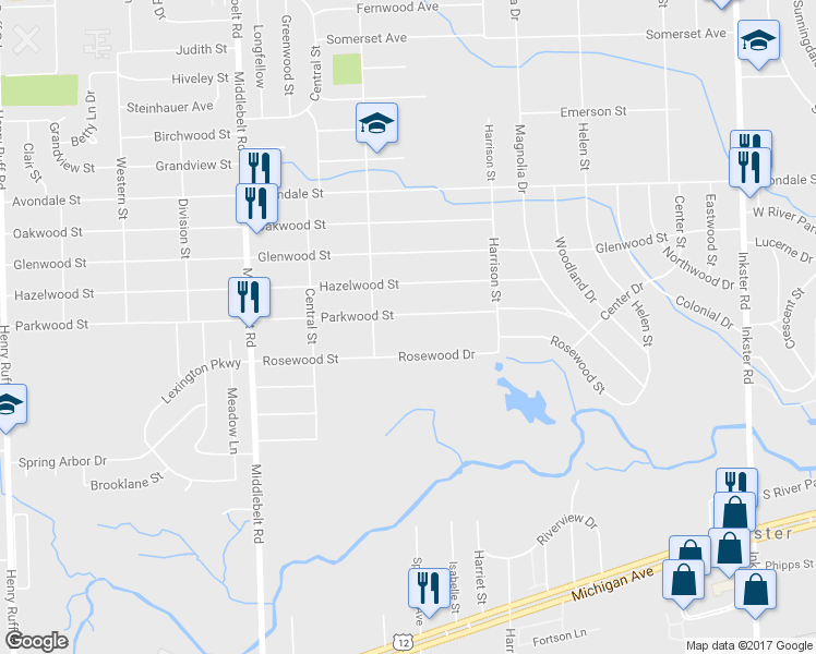 map of restaurants, bars, coffee shops, grocery stores, and more near 28589 Parkwood Street in Inkster