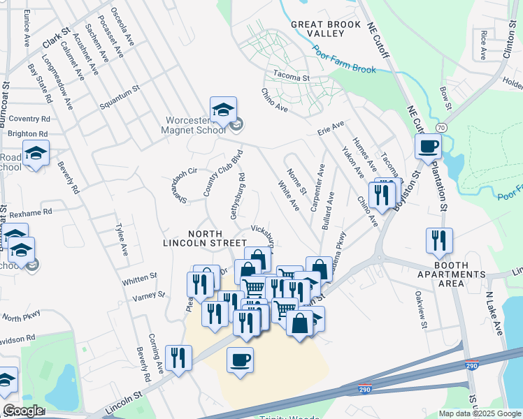map of restaurants, bars, coffee shops, grocery stores, and more near 98 Country Club Boulevard in Worcester