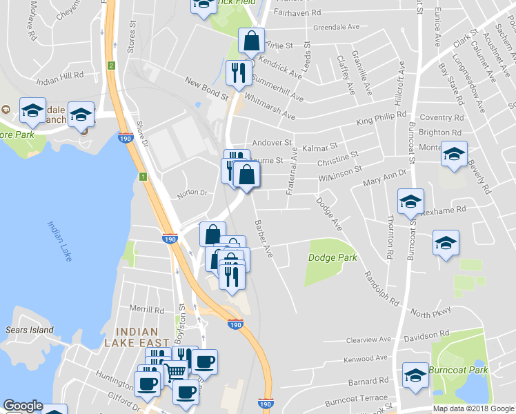map of restaurants, bars, coffee shops, grocery stores, and more near 67 Barber Avenue in Worcester