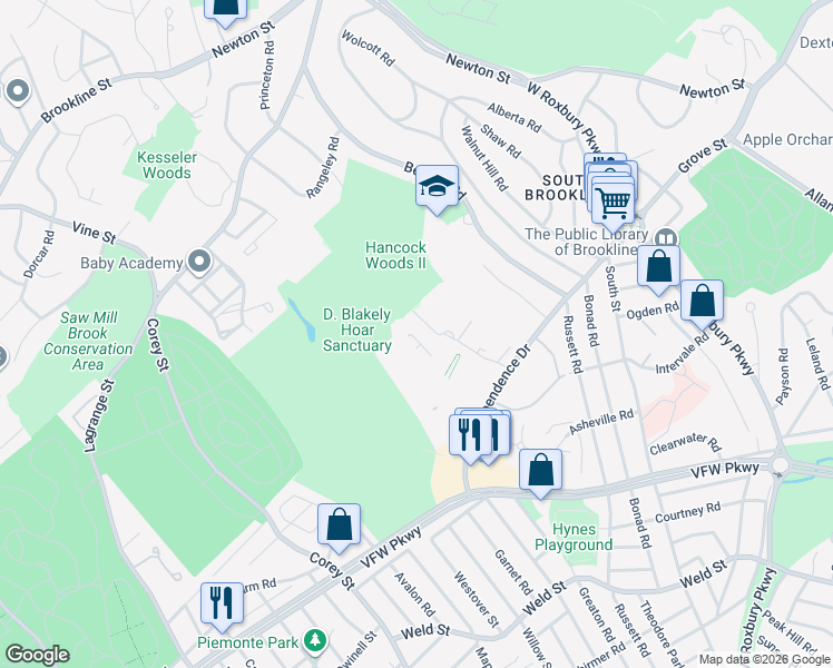 map of restaurants, bars, coffee shops, grocery stores, and more near 155 Sherman Road in Boston