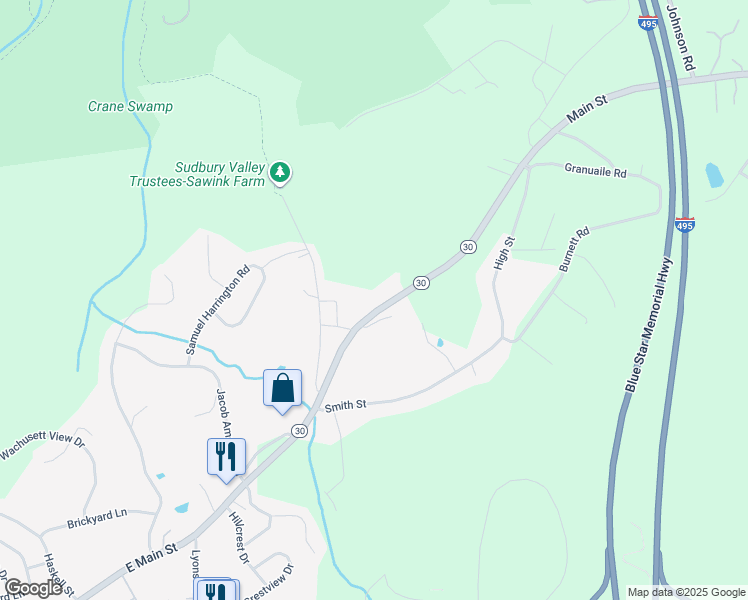 map of restaurants, bars, coffee shops, grocery stores, and more near 266 East Main Street in Westborough