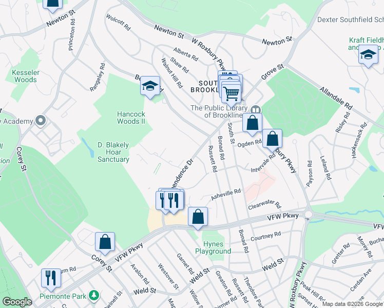 map of restaurants, bars, coffee shops, grocery stores, and more near in Brookline