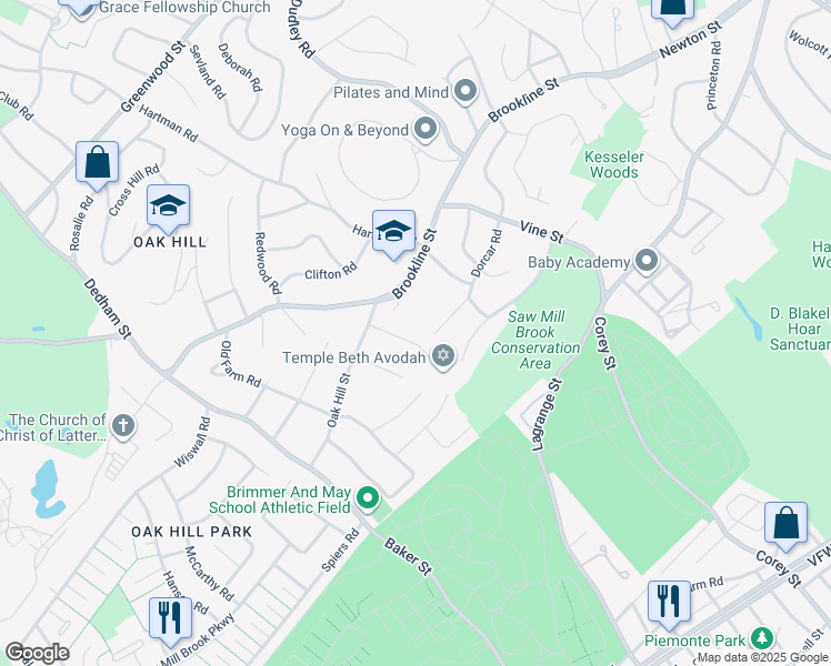 map of restaurants, bars, coffee shops, grocery stores, and more near 40 Puddingstone Lane in Newton