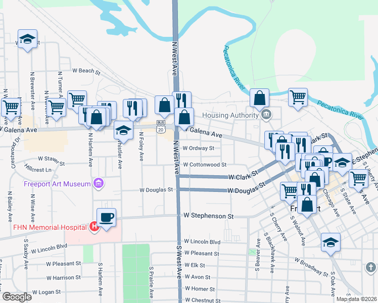 map of restaurants, bars, coffee shops, grocery stores, and more near 729 West Ordway Street in Freeport