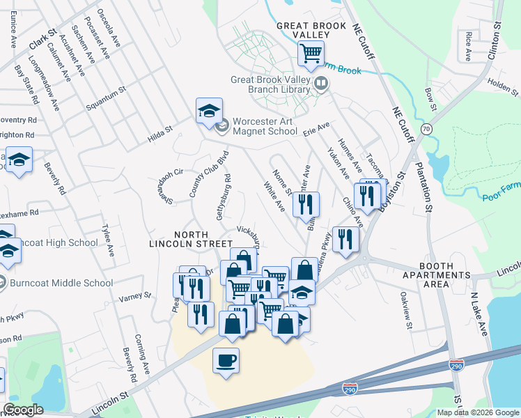 map of restaurants, bars, coffee shops, grocery stores, and more near 75 Wayside Road in Worcester