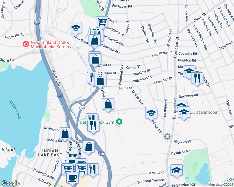 map of restaurants, bars, coffee shops, grocery stores, and more near 5 Wildey Avenue in Worcester