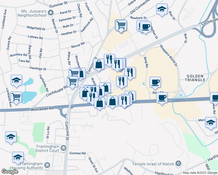 map of restaurants, bars, coffee shops, grocery stores, and more near 10 Greenview Street in Framingham