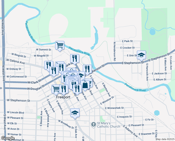 map of restaurants, bars, coffee shops, grocery stores, and more near North Liberty Street in Freeport