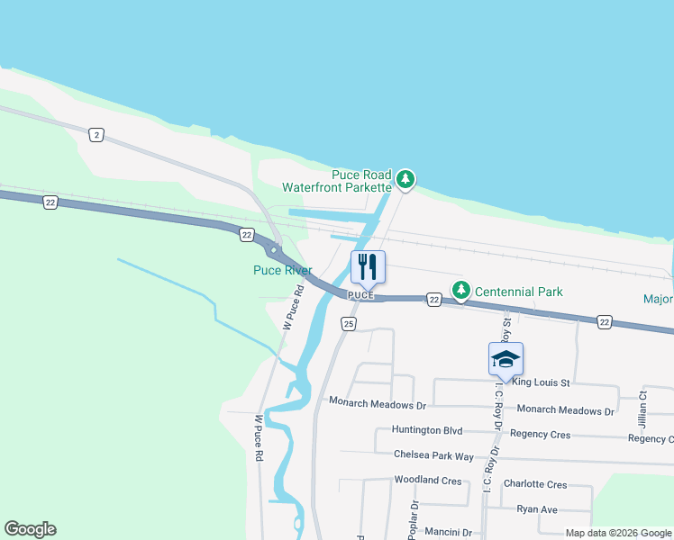 map of restaurants, bars, coffee shops, grocery stores, and more near 184 Mill Street in Belle River