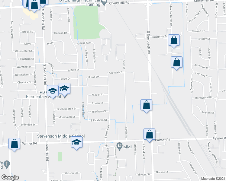 map of restaurants, bars, coffee shops, grocery stores, and more near 1261 South Sutton Drive in Westland
