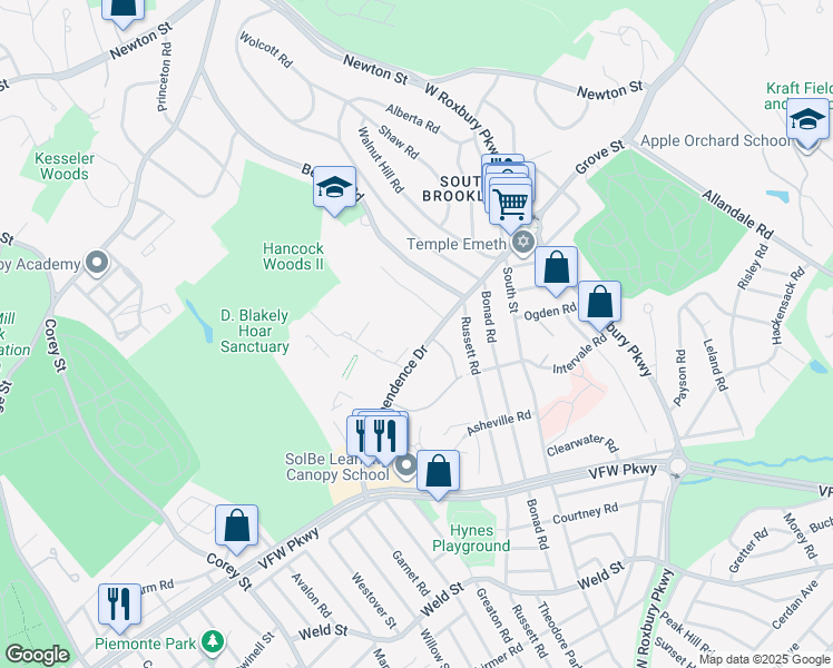 map of restaurants, bars, coffee shops, grocery stores, and more near 7 Gerry Road in Brookline