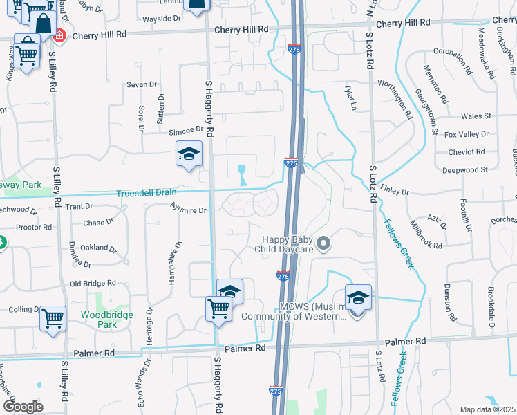 map of restaurants, bars, coffee shops, grocery stores, and more near 41029 Crossbow Circle in Canton