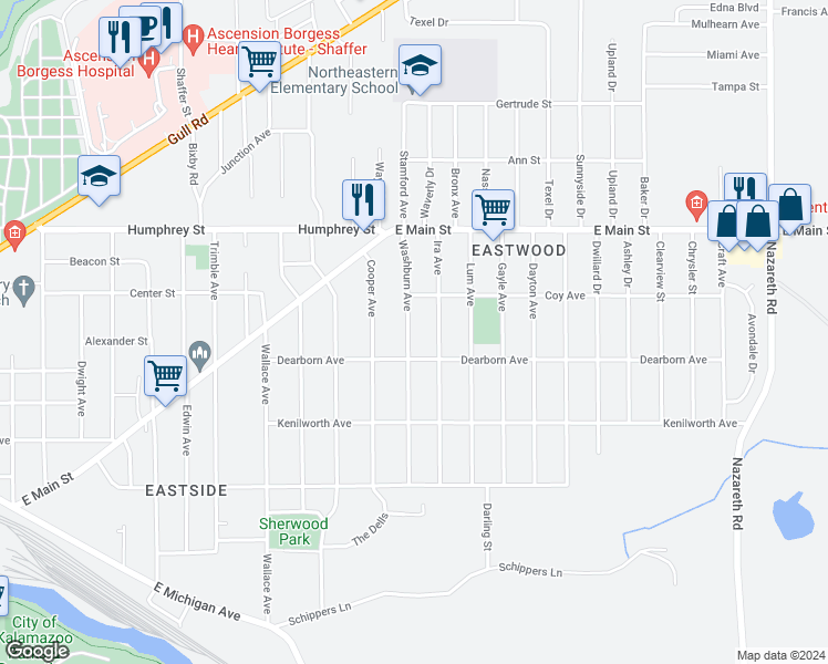 map of restaurants, bars, coffee shops, grocery stores, and more near 826 Washburn Avenue in Kalamazoo