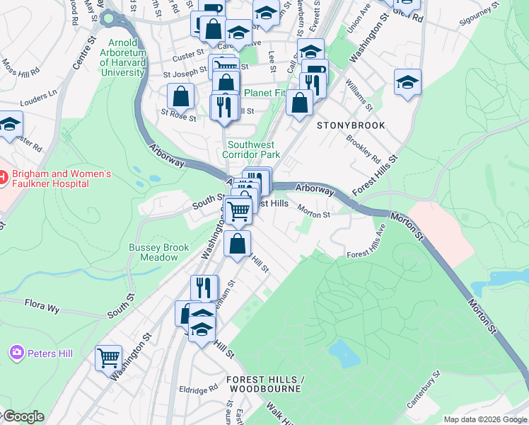 map of restaurants, bars, coffee shops, grocery stores, and more near 3686 Washington Street in Boston