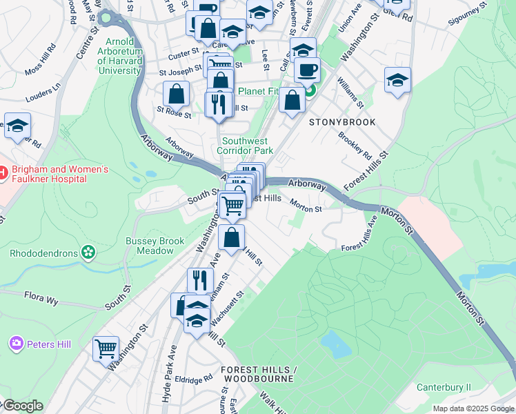 map of restaurants, bars, coffee shops, grocery stores, and more near 3686 Washington Street in Boston