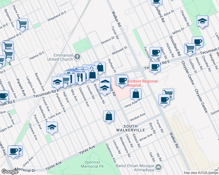 map of restaurants, bars, coffee shops, grocery stores, and more near 2195 Kildare Road in Windsor