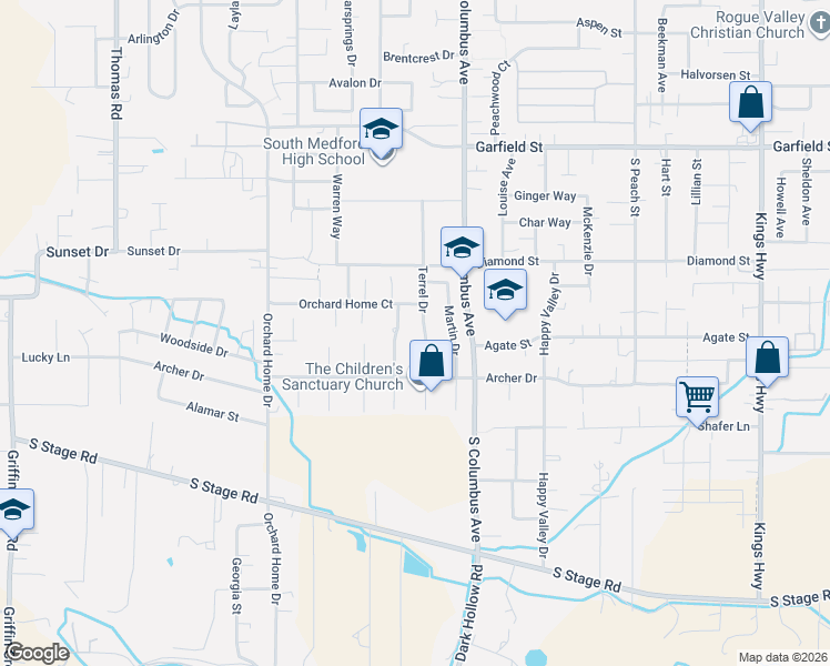 map of restaurants, bars, coffee shops, grocery stores, and more near 2129 Terrel Drive in Medford