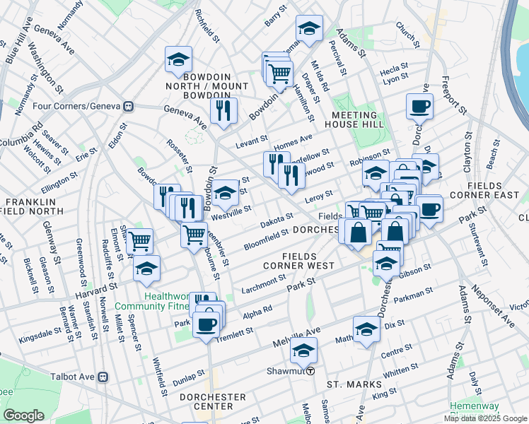 map of restaurants, bars, coffee shops, grocery stores, and more near 98 Dakota Street in Boston