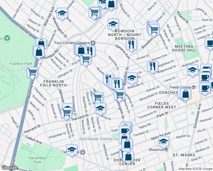 map of restaurants, bars, coffee shops, grocery stores, and more near 321 Washington Street in Boston