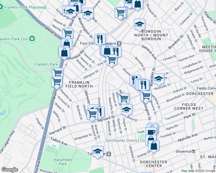 map of restaurants, bars, coffee shops, grocery stores, and more near 185 Washington Street in Boston