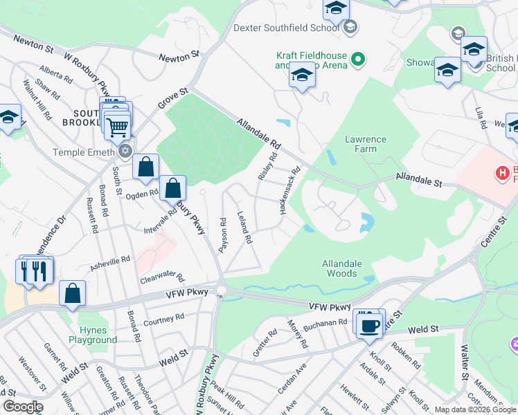 map of restaurants, bars, coffee shops, grocery stores, and more near 98 Risley Road in Brookline
