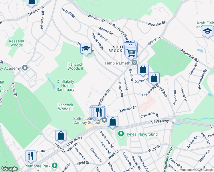 map of restaurants, bars, coffee shops, grocery stores, and more near in Brookline